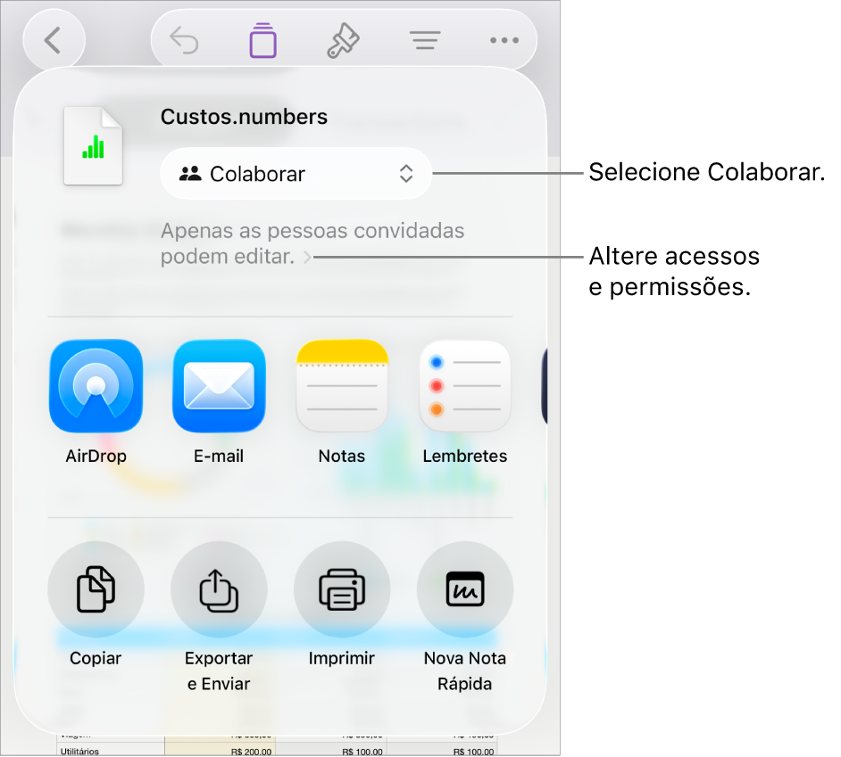 Menu Compartilhar com Colaborar selecionado na parte superior e os ajustes de acesso e permissão abaixo.