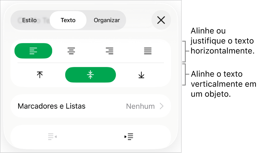 Seção Layout do inspetor Formatar com balões explicativos para os botões de alinhamento de texto e de espacejamento.