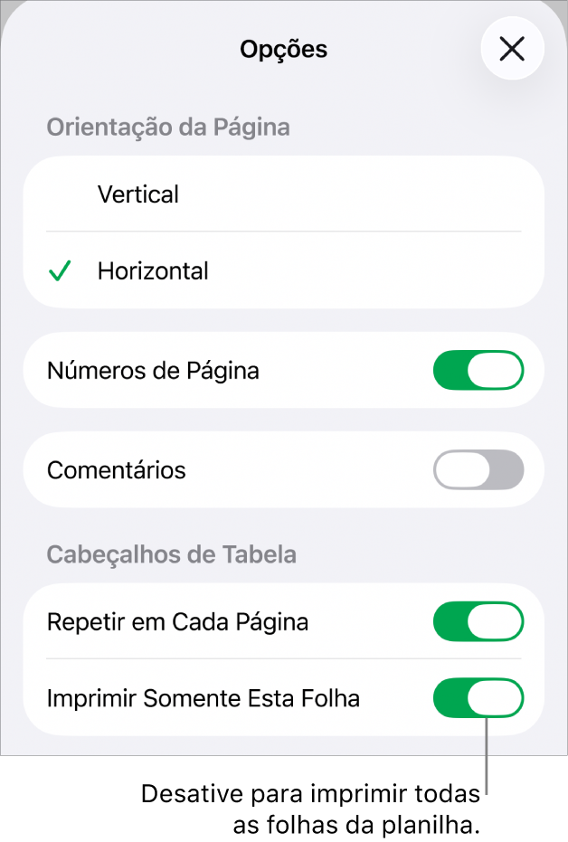 Opções de impressão para escolher a orientação da página, mostrar números e cabeçalhos de páginas, e escolher o tamanho do papel e quais páginas imprimir.