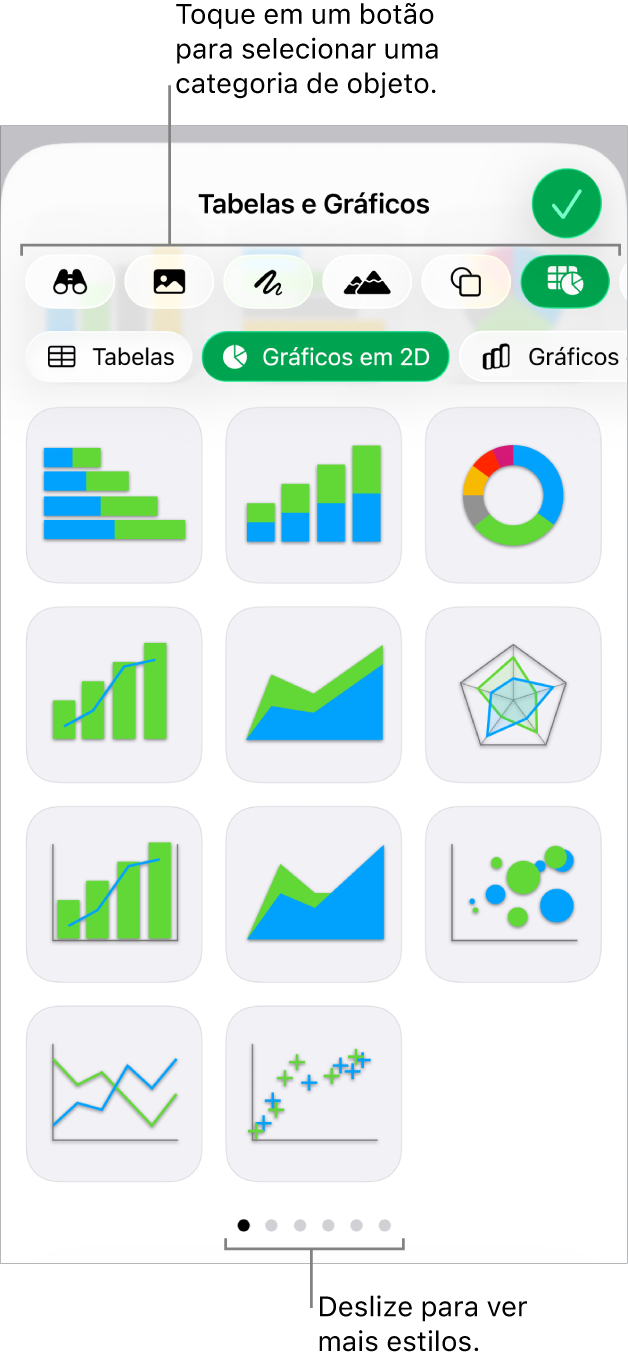 Os controles para adicionar um objeto, com botões na parte superior para selecionar tabelas, gráficos, formas (incluindo linhas e caixas de texto) e mídia.