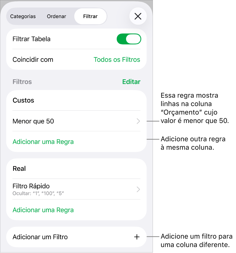 Controles para adicionar novas regras de filtragem ou editar as existentes.