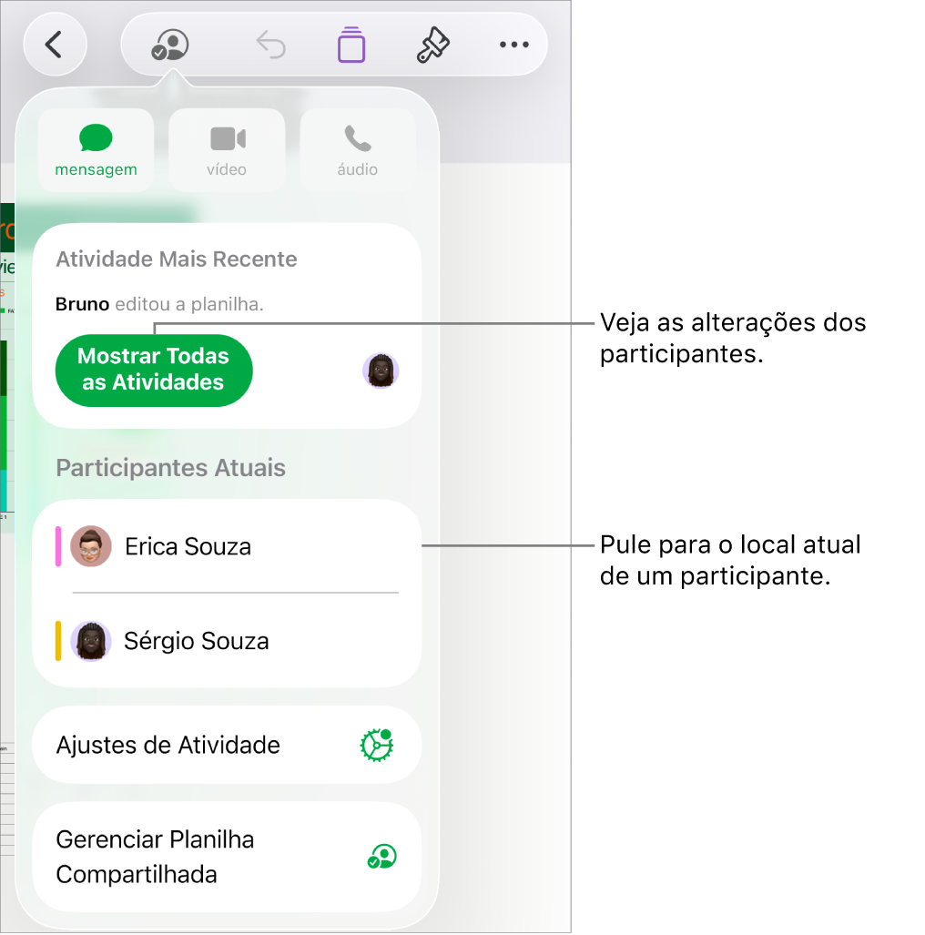 Menu de colaboração com participantes atuais listados.