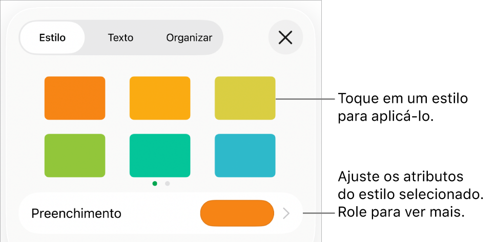 Aba Estilo do menu Formatar, com estilos de formas na parte superior e um quadro de cores de preenchimento abaixo.