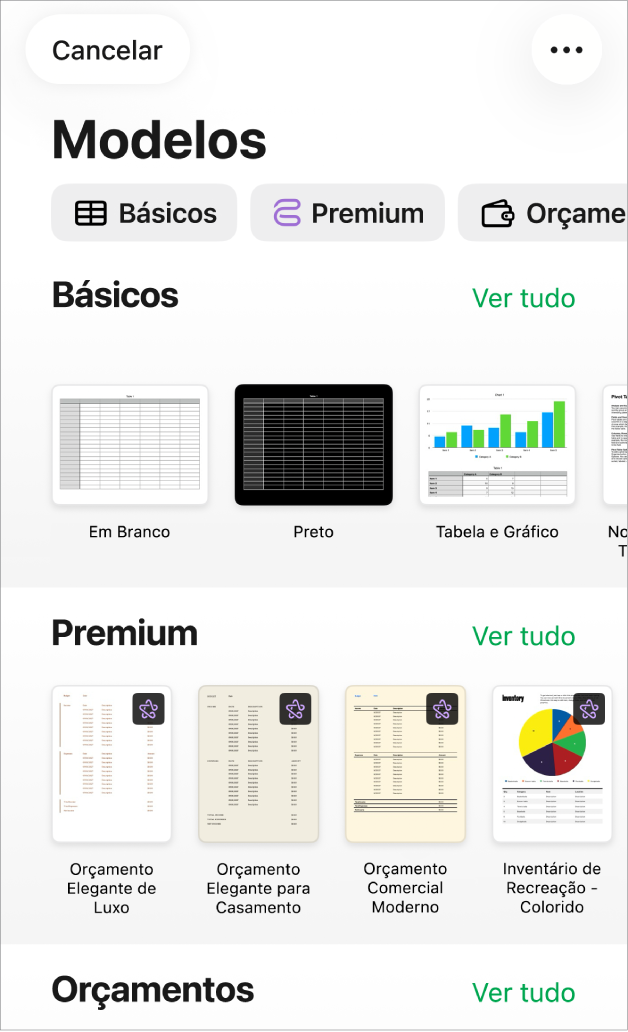 Seletor de modelos, mostrando uma linha de categorias na parte superior na qual você pode tocar para filtrar as opções. Abaixo estão miniaturas de modelos predefinidos organizados em linhas por categoria.