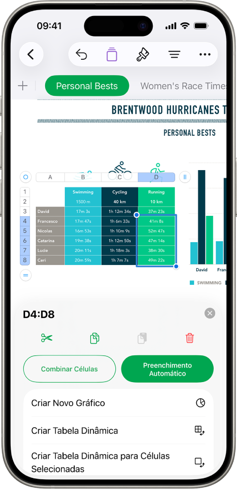 Planilha mostrando uma tabela de trilhas feitas e a distância de cada trilha. O menu Ações de Célula está aberto, mostrando opções para adicionar a data de hoje, a hora atual e editar a fórmula na célula selecionada.