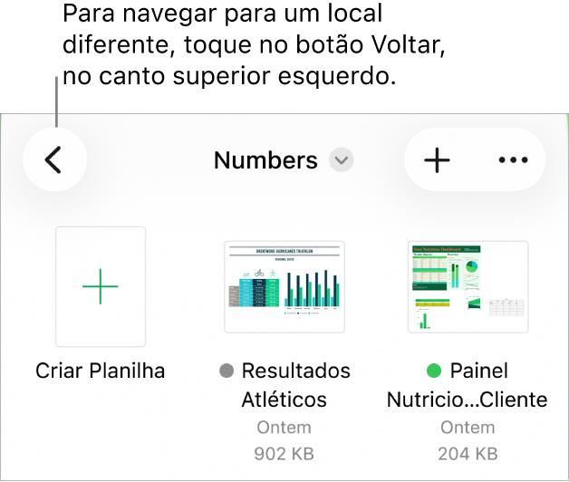 A visualização de navegação do gerenciador de documentos com um link de local no canto superior esquerdo e abaixo um campo de Busca. No canto superior direito estão o botão Adicionar Planilha e o botão Mais. Na parte inferior da tela estão o botão Recentes e o botão Explorar.