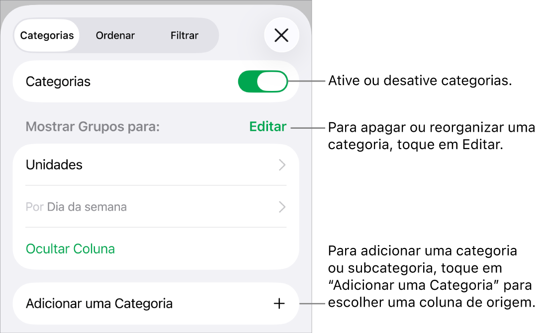 O menu Categorias para o iPhone com opções para desativar categorias, apagar categorias, reagrupar dados, ocultar uma coluna de origem e adicionar categorias.