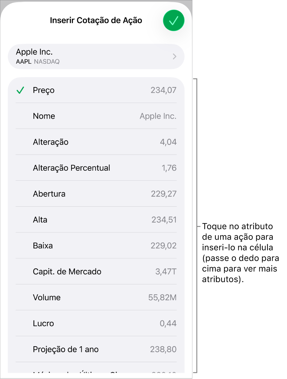 O popover de Cotação da Ação com o nome da ação acima e atributos de ação selecionáveis em lista abaixo, incluindo preço, nome, alteração, alteração percentual e abertura.