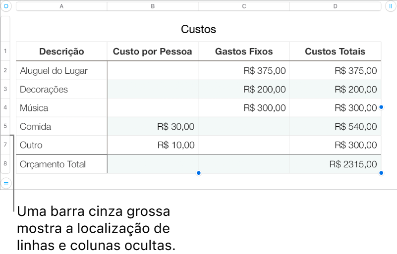 Um barra cinza espessa que mostra a localização de linhas e colunas ocultas