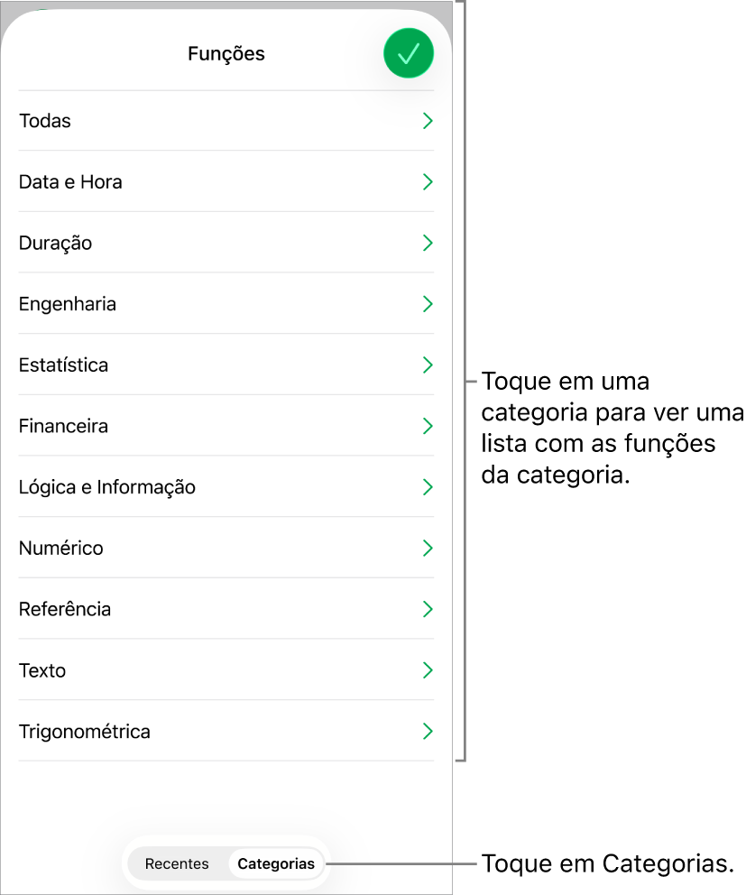 O Navegador de Funções com o botão Categorias selecionado e a lista de categorias abaixo dele.