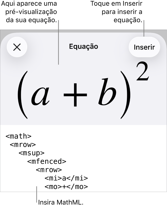 O diálogo de Equação, mostrando uma equação escrita com comandos MathML e uma pré-visualização da fórmula acima.