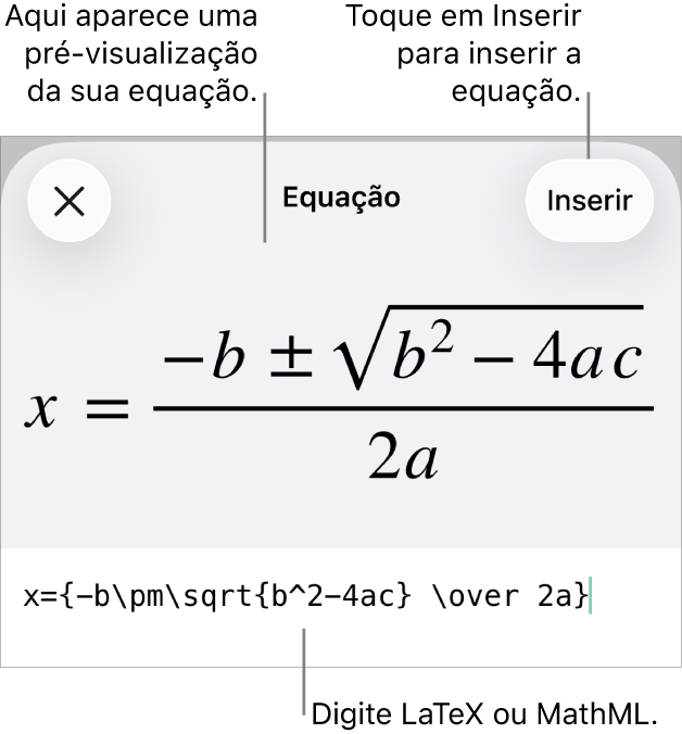 O diálogo de Equação, mostrando uma equação escrita com comandos MathML e uma pré-visualização da fórmula acima.