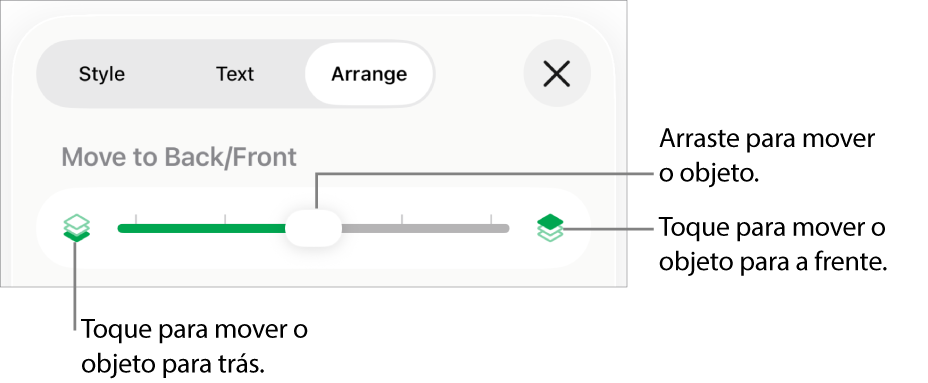 O botão “Mover para trás”, o botão “Mover para a frente” e o nivelador da camada.