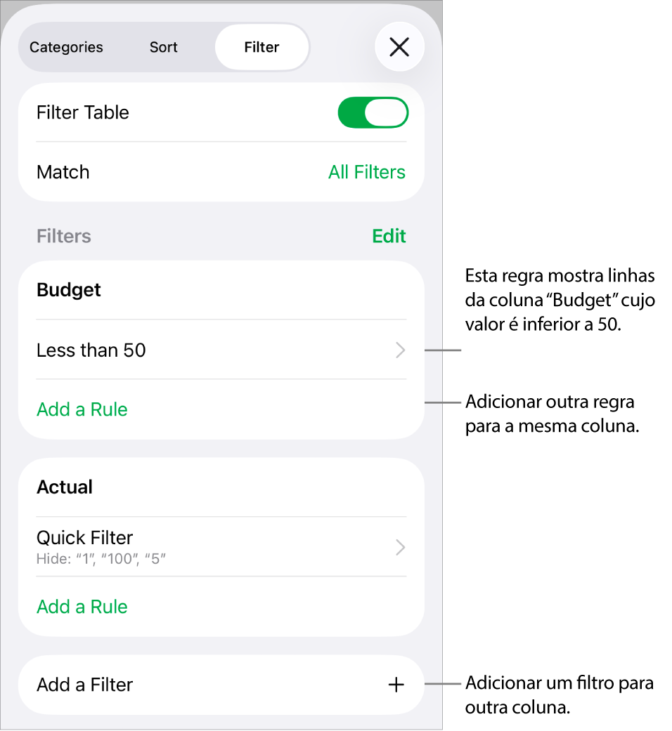 Controlos para adicionar novas regras de filtragem ou edição de regras existentes.