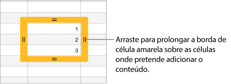 Uma célula selecionada com uma grande borda amarela que pode arrastar para preencher automaticamente as células.