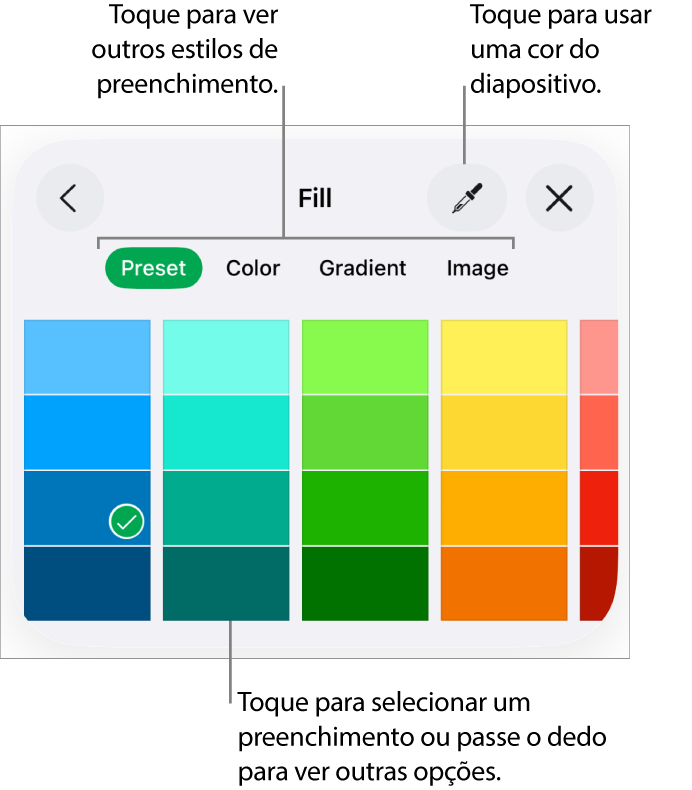 Opções de preenchimento no separador "Estilo” do botão “Formatação”.