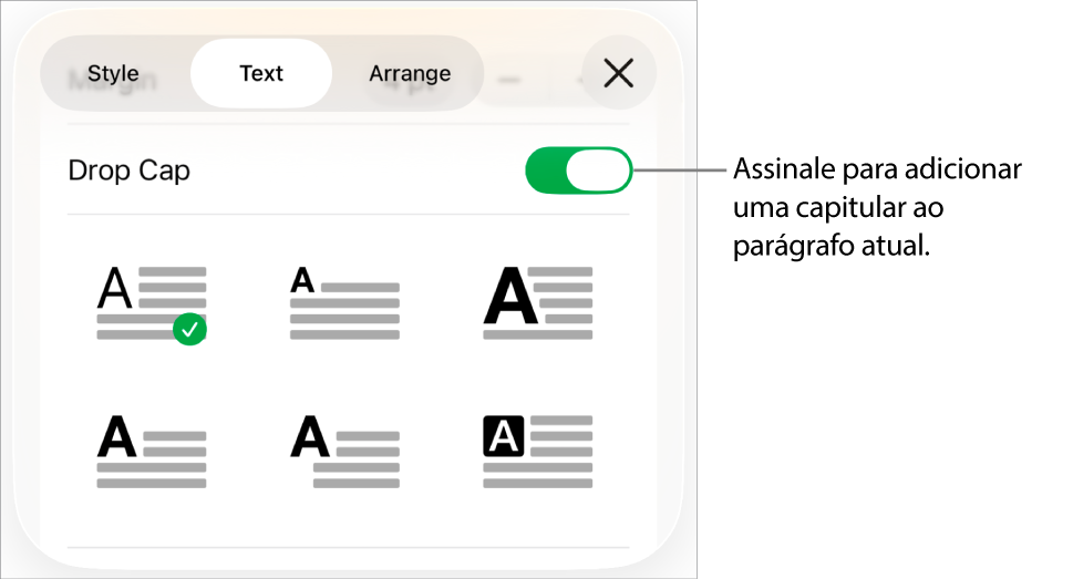 Os controlos de "Capitular” no menu “Texto”.