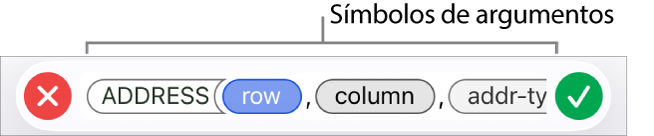 O editor de fórmulas a mostrar uma função com símbolos de argumentos.