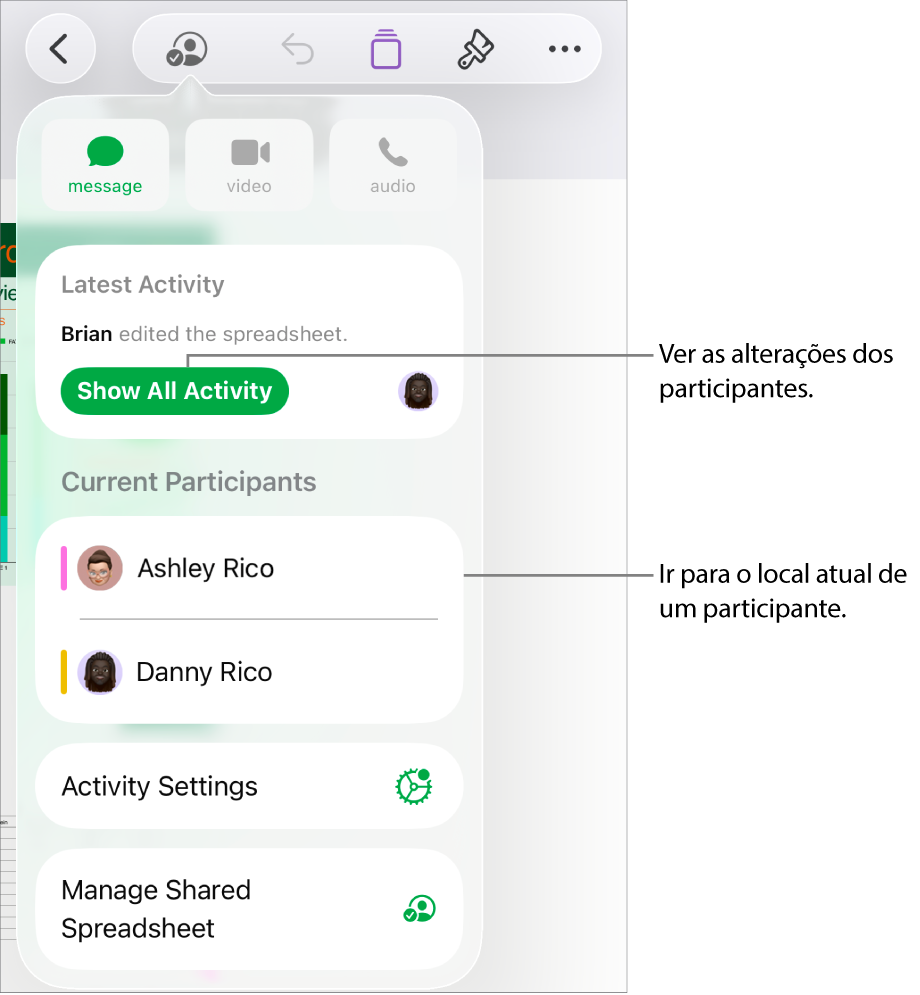 O menu de colaboração com os participantes atuais listados.