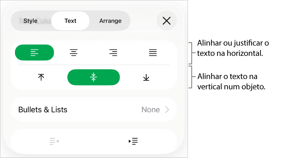 A secção “Disposição” do inspetor de formatação com referências aos botões de alinhamento e espaçamento de texto.