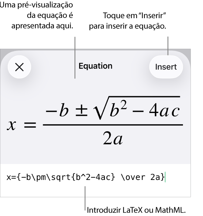A caixa de diálogo “Equação”, apresentando uma equação escrita com recurso aos comandos MathML e uma pré-visualização da fórmula em cima.
