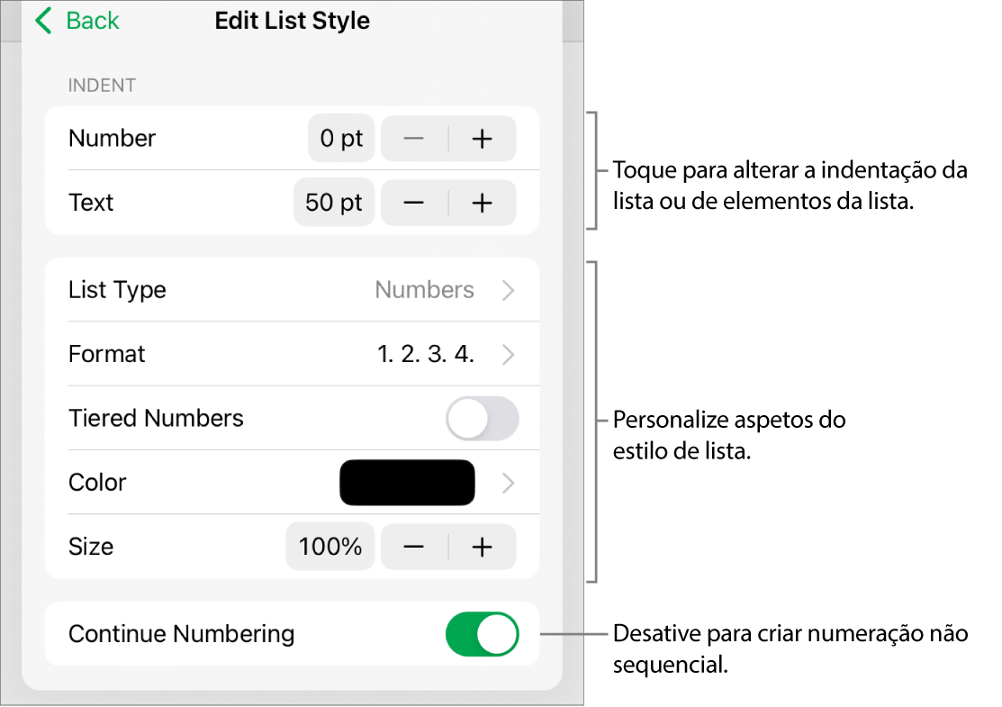 O menu “Editar estilo de lista” com controlos para espaçamento, tipo de lista e formatação, números por escalões, cor e tamanho da lista e numeração contínua.