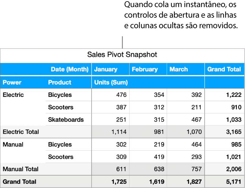Um instantâneo de uma tabela dinâmica.