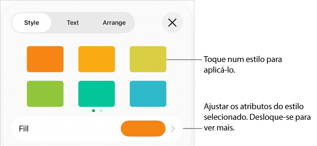 O separador "Estilo” do menu “Formatação” com estilos de forma na parte superior e um seletor de cor de preenchimento por baixo.