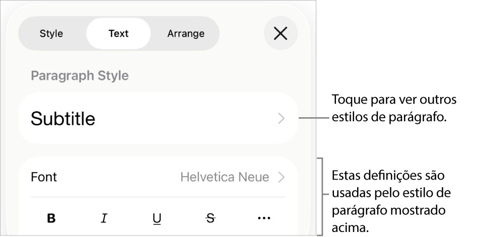 O menu "Formatação” a apresentar controlos de texto para definir estilos de parágrafo e carácter, tipo de letra, tamanho e cor.