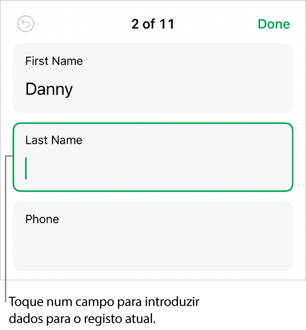 Um registo num formulário a mostrar um campo ativo com um ponto de inserção.