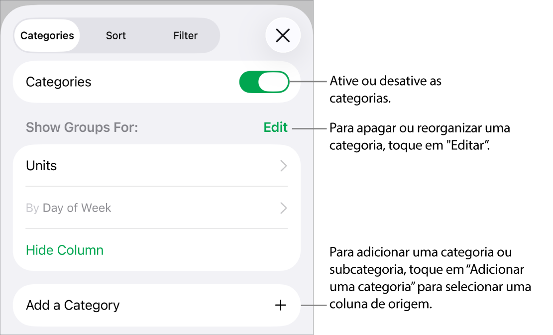 O menu "Categorias” para iPhone com opções para desativar as categorias, apagar categorias, reagrupar dados, ocultar uma coluna de origem e adicionar categorias.