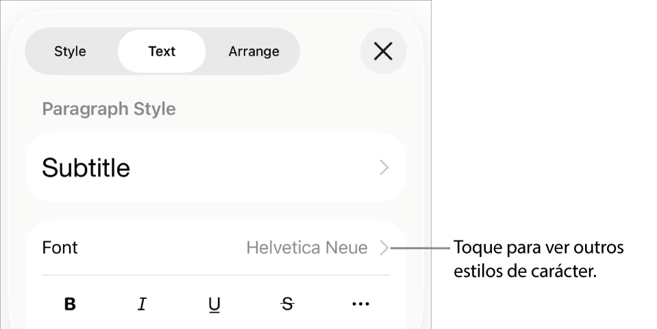 Os controlos de "Formatação” com estilos de parágrafo na parte superior e depois os controlos de tipo de letra. Sob “Tipo de letra” encontram-se os botões “Negrito”, “Itálico”, “Sublinhado”, “Riscado” e “Mais opções de texto”.