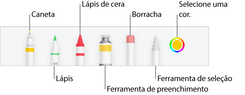 As barra de ferramentas de desenho no Numbers no iPhone com uma caneta, lápis, lápis de cera, ferramenta de preenchimento, borracha, ferramenta de seleção e o seletor de cores a apresentar a cor atual.