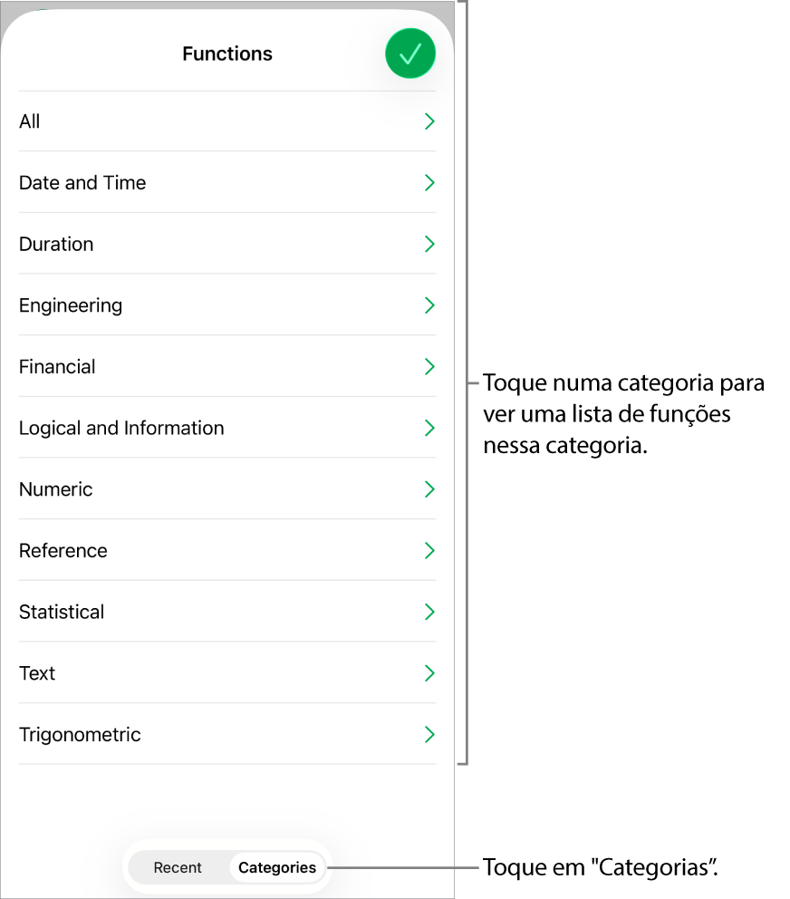 O navegador de funções com o botão "Categorias” selecionado e a lista de categorias por baixo.