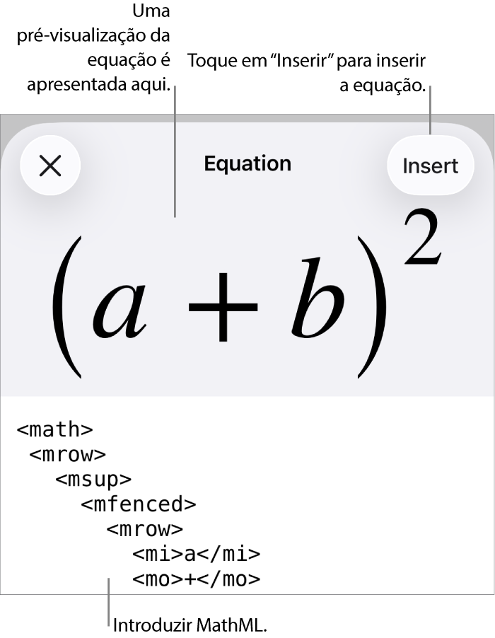 A caixa de diálogo “Equação”, apresentando uma equação escrita com recurso aos comandos MathML e uma pré-visualização da fórmula em cima.