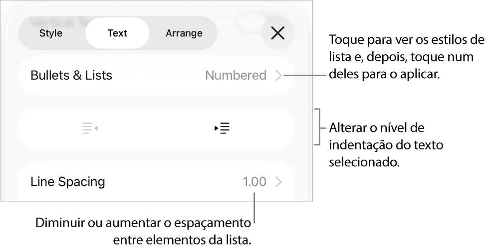 A secção “Marcas e listas” dos controlos de “Formatação” com chamadas para “Marcas e listas”, botões de remover indentação e de indentação e controlos de espaçamento.
