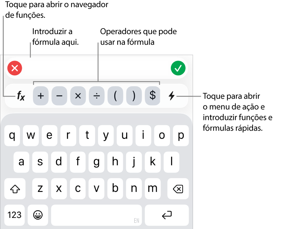 O teclado de fórmulas com o editor de fórmulas na parte superior e os operadores utilizados nas fórmulas por baixo. O botão "Funções” para abrir o navegador de funções está situado à esquerda dos operadores e o botão de menu de ação está situado à direita.