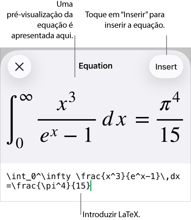 A caixa de diálogo “Equação”, apresentando uma equação escrita com recurso aos comandos LaTeX e uma pré-visualização da fórmula em cima.