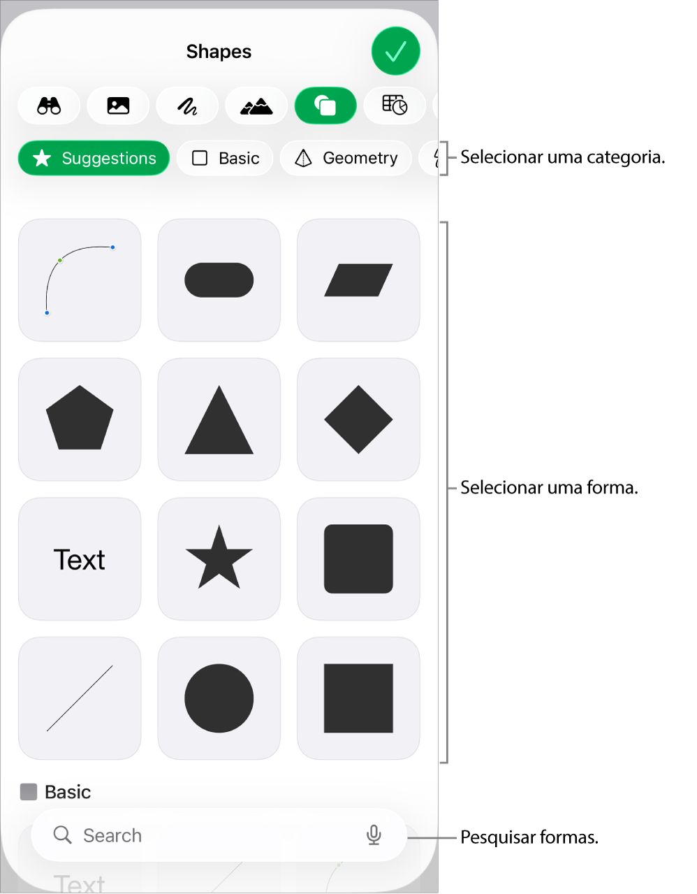 A biblioteca de formas, com as categorias exibidas na parte superior e as formas na parte inferior. É possível usar o campo de pesquisa na parte superior para encontrar formas e passar os dedos para ver mais.