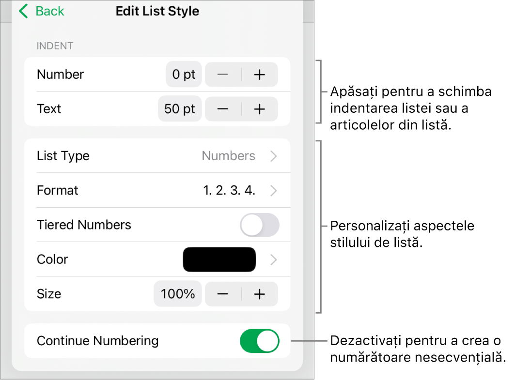 Meniul Editați stilul de listă, cu comenzile pentru spațierea indentărilor, tipurile și formatele de liste, numerotare progresivă, culori și dimensiuni de liste și numerotarea continuă.
