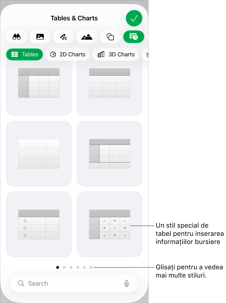 Miniaturi ale stilurilor de tabel disponibile, cu un stil special pentru introducerea informațiilor bursiere în colțul din dreapta jos. Cele șase puncte din partea de jos indică faptul că puteți glisa pentru a vedea mai multe stiluri.