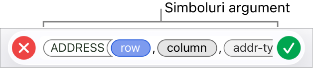 Editorul de formule afișând o funcție cu tokenurile de argumente.