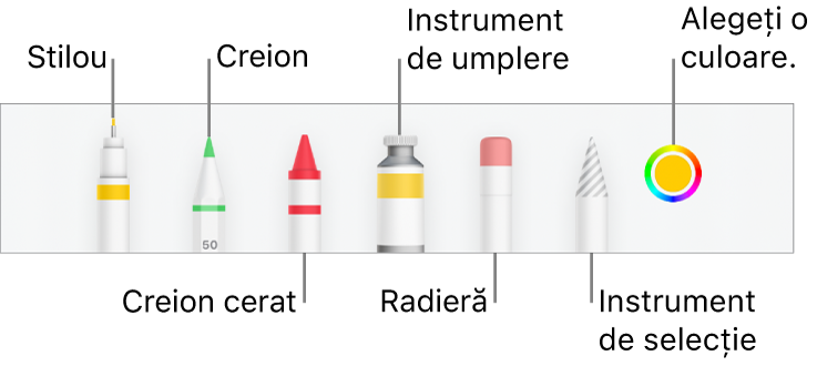 Bara de instrumentele pentru desen din Numbers pe iPhone cu stilou, creion, creion cerat, instrument de umplere, radieră, instrument de selecție și sursă de culoare afișând culoarea curentă.