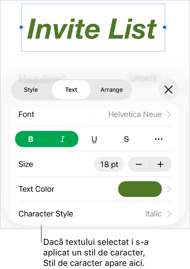 Comenzile de formatare Text cu Stil de caracter sub comenzile Culoare. Stilul de caracter Nimic apare cu un asterisc.