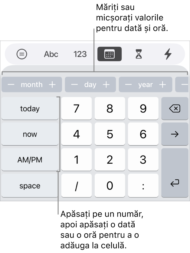 Tastatura dată și oră. Un rând de butoane de lângă partea de sus afișează unități de timp (lună, zi și an) pe care le puteți incrementa pentru a schimba valoarea afișată în celulă. Pe stânga se află tastele pentru astăzi, acum și AM/PM, iar în centrul tastaturii sunt taste numerice.