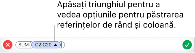 Editorul de formule arătând cum să păstrați referințele la rânduri și coloane atunci când celula este copiată sau mutată.