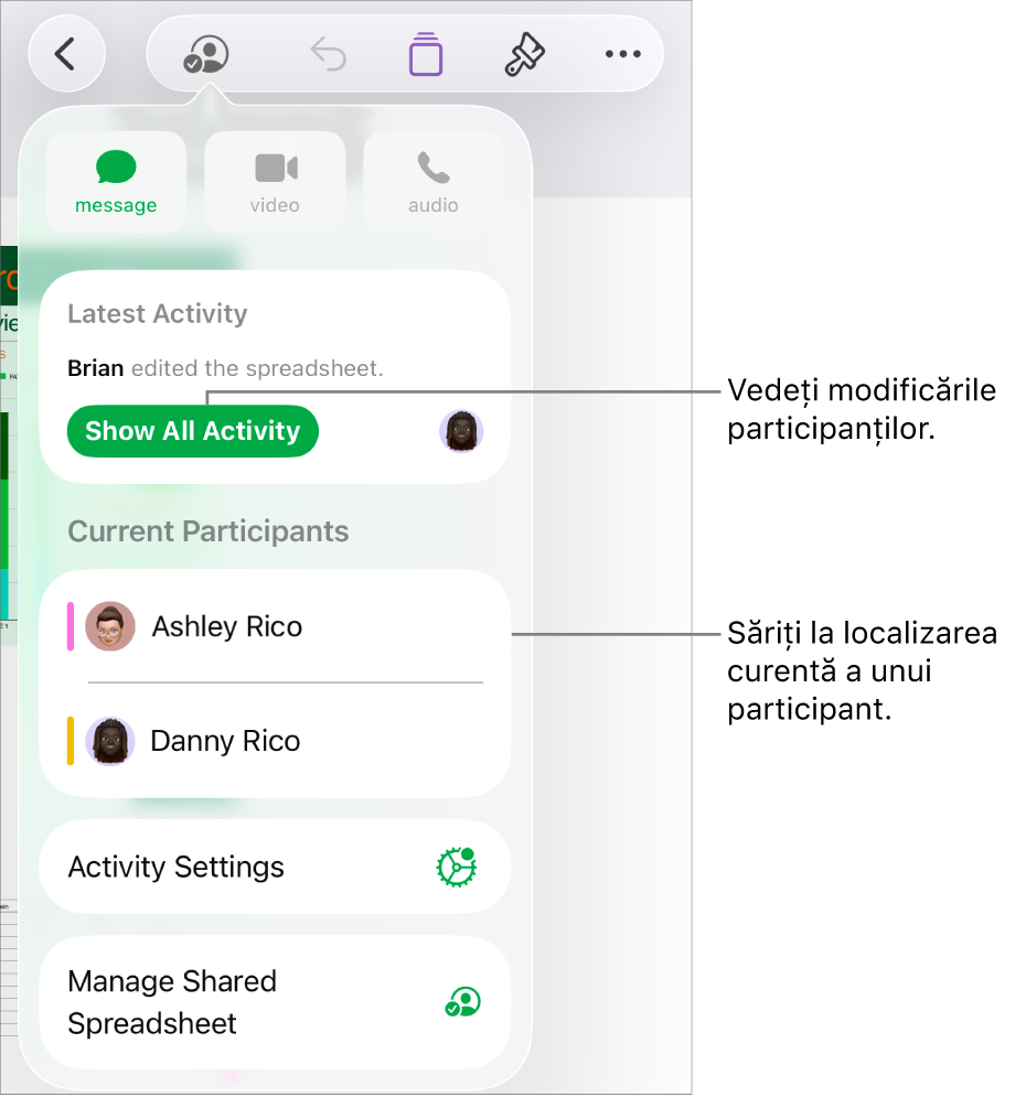 Meniul pentru colaborare cu participanții curenți listați.