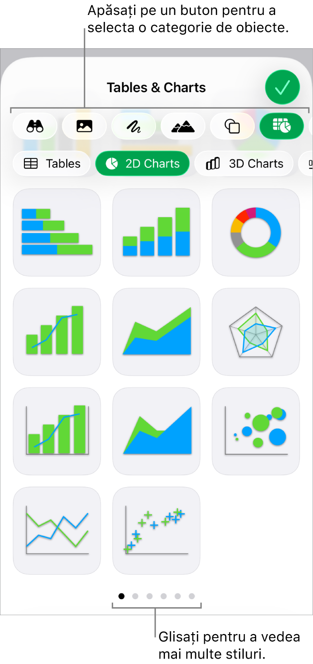 Comenzile pentru adăugarea unui obiect, cu butoane în partea de sus pentru alegerea tabelelor, a diagramelor, a formelor (inclusiv linii și casete de text) și a conținutului multimedia.