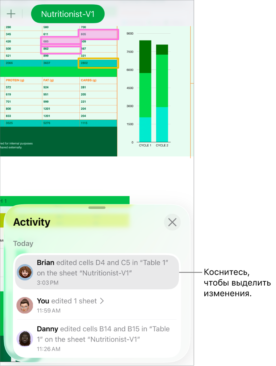 В общей таблице открыты меню совместной работы и лента активности.