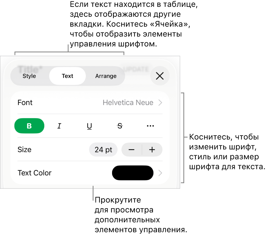 Элементы управления текстом в меню «Формат» для настройки стилей абзацев и символов, шрифта, размера и цвета.